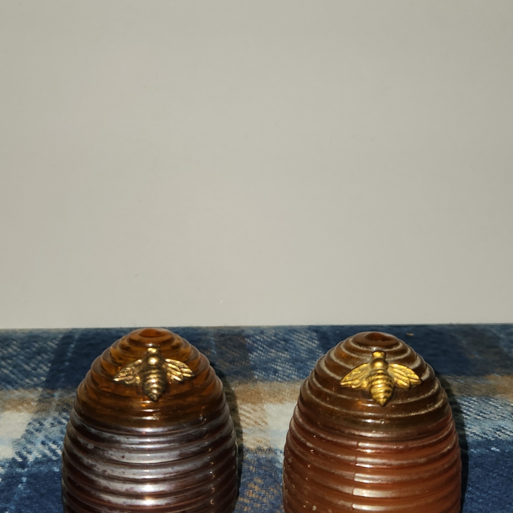 Vintage Avon Beehive Shaped Glass Jars with Bee Accents Perfume Bottles.